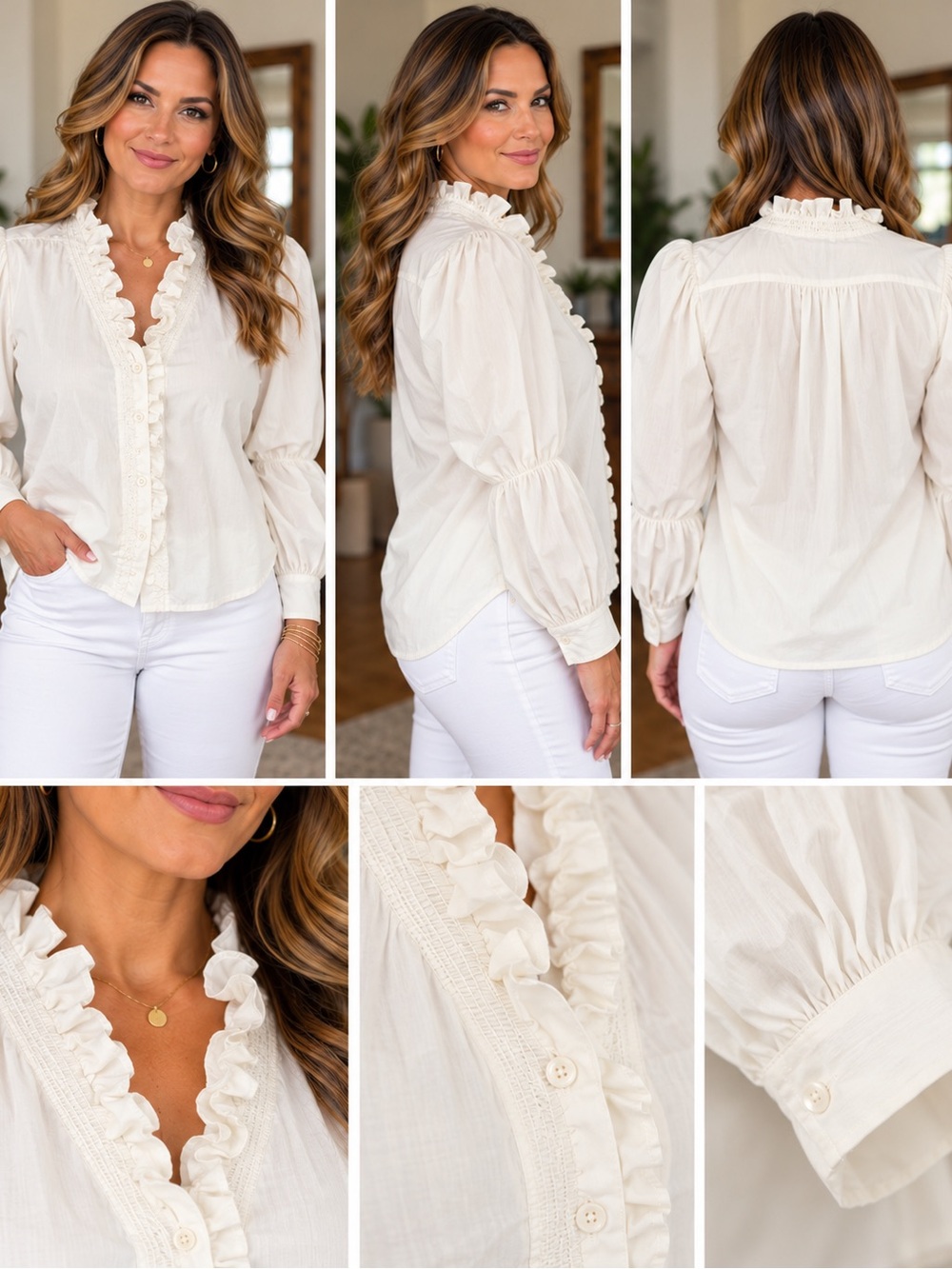 Ruffled Collar Button-Front Blouse - Cream
